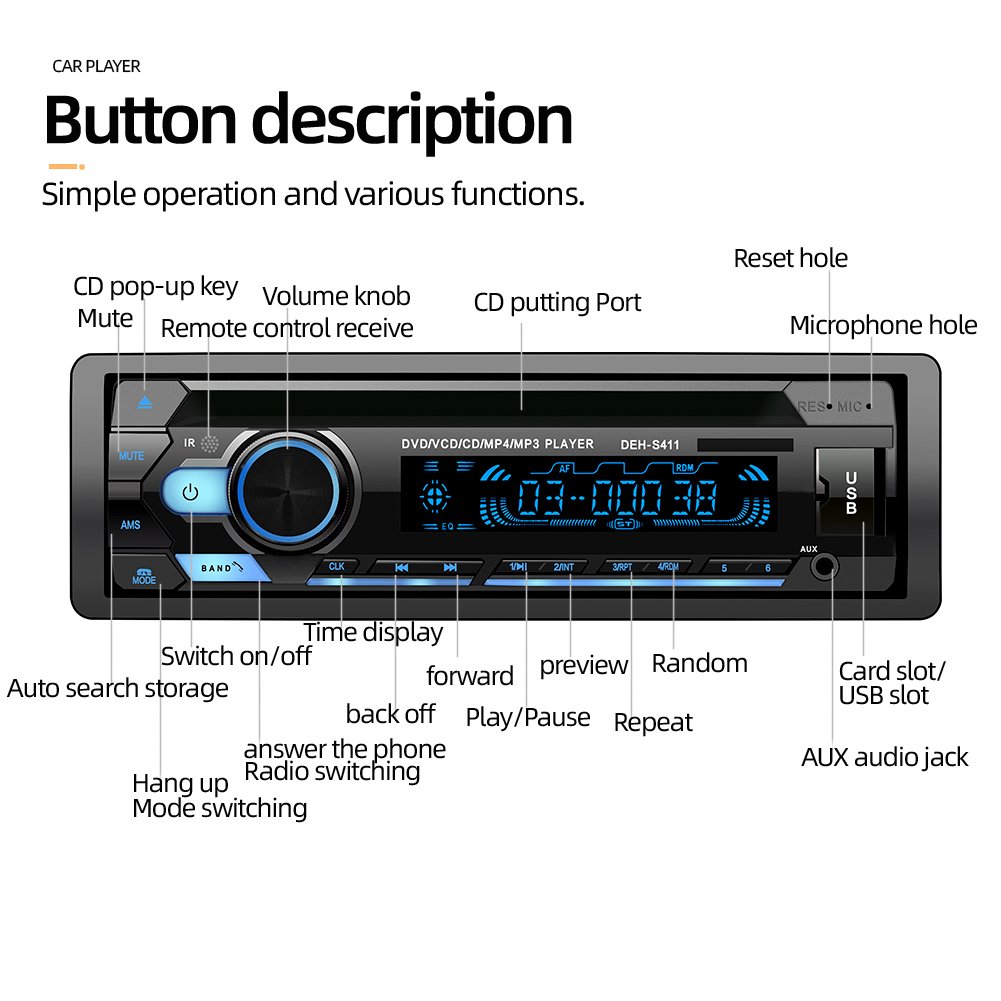 Cheap and easy-to-use 12V car player 1DIN car DVD player DVD disc play USB/TF/FM radio player hands-free S411