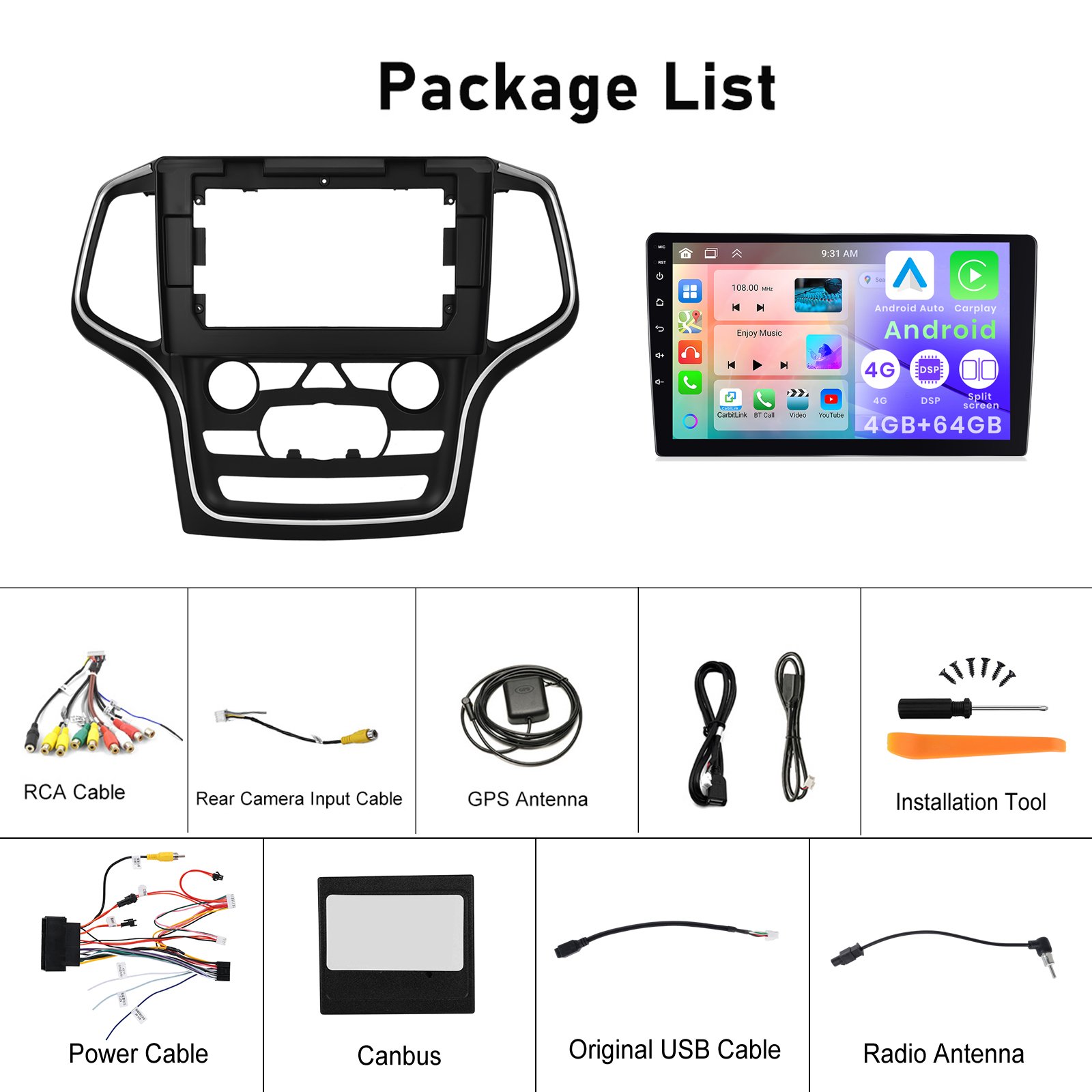 Podofo 10'' Android Car Radio Frame 4+64G Wireless Carplay Android Auto For Jeep Grand Cherokee 2014-2017 IPS DSP GPS RDS WIFI