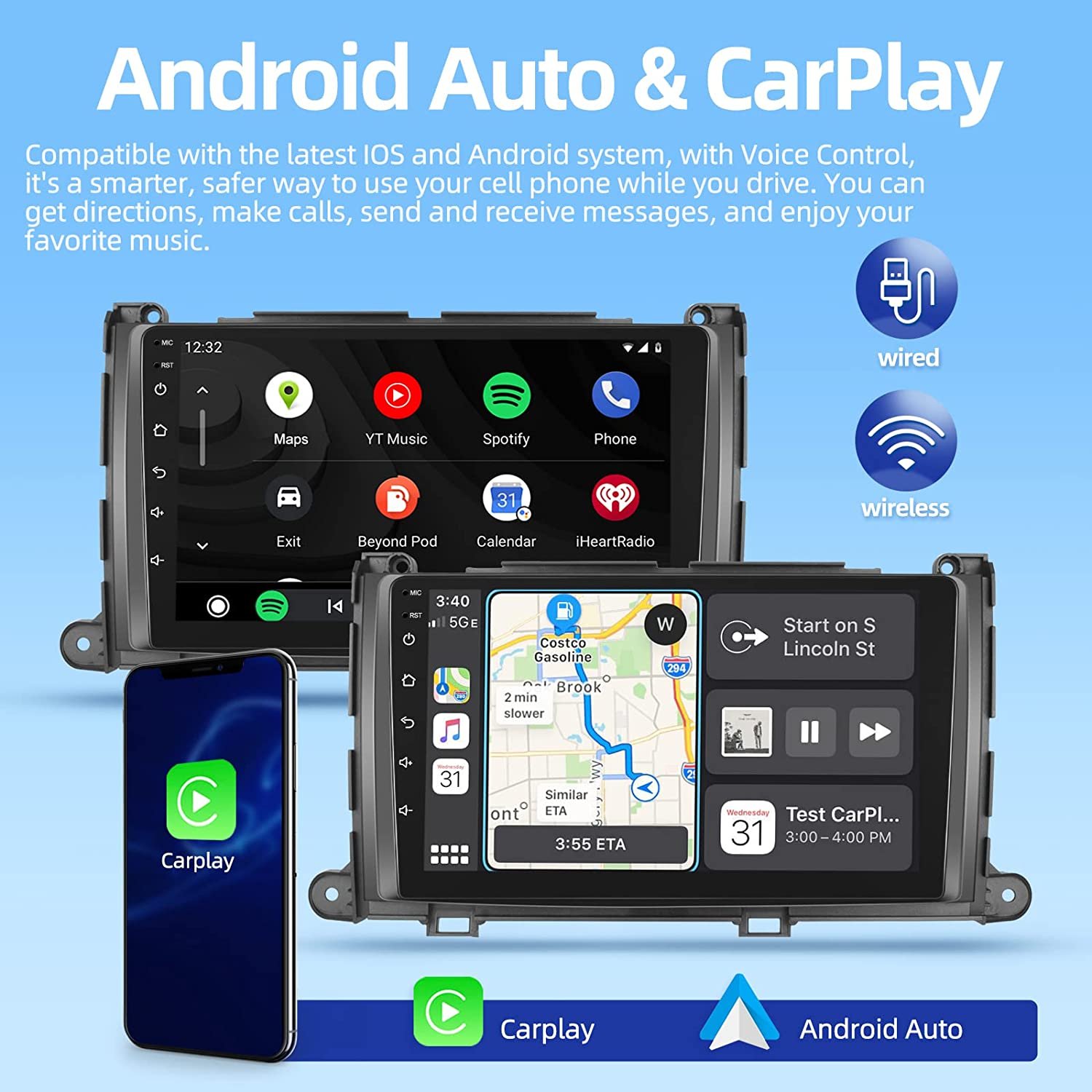 Podofo 9 Inch Android Car Stereo Car Radio For Toyota Sienna 2011-2013 Carplay Android Auto GPS Wifi Hifi FM RDS