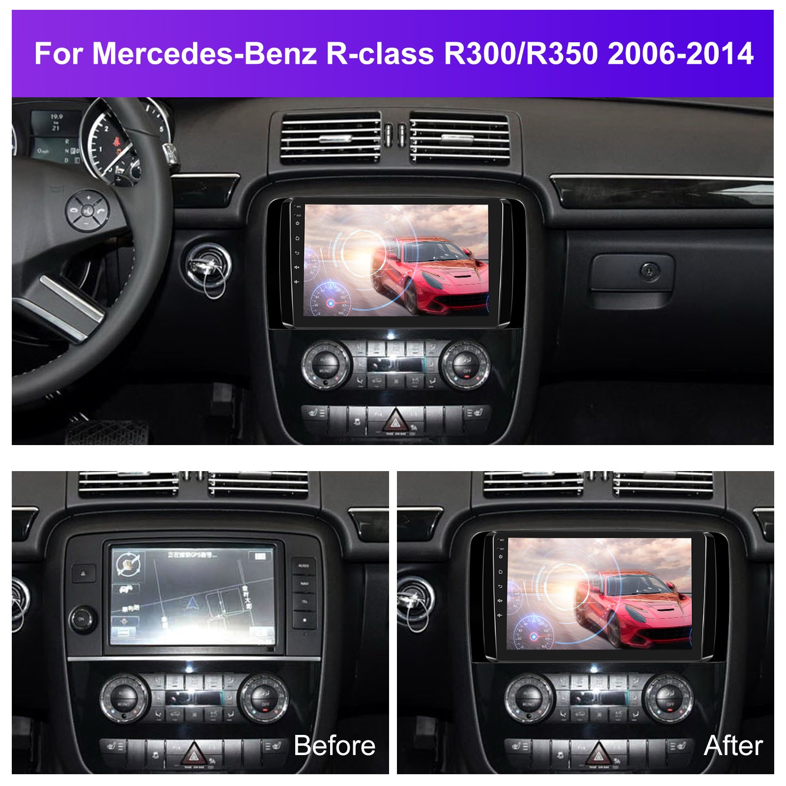 Podofo 9 Inch Android Car Stereo Wireless Carplay Android Auto For Mercedes-Benz R-class R300/R350 2006-2014 GPS RDS HIFI OEM