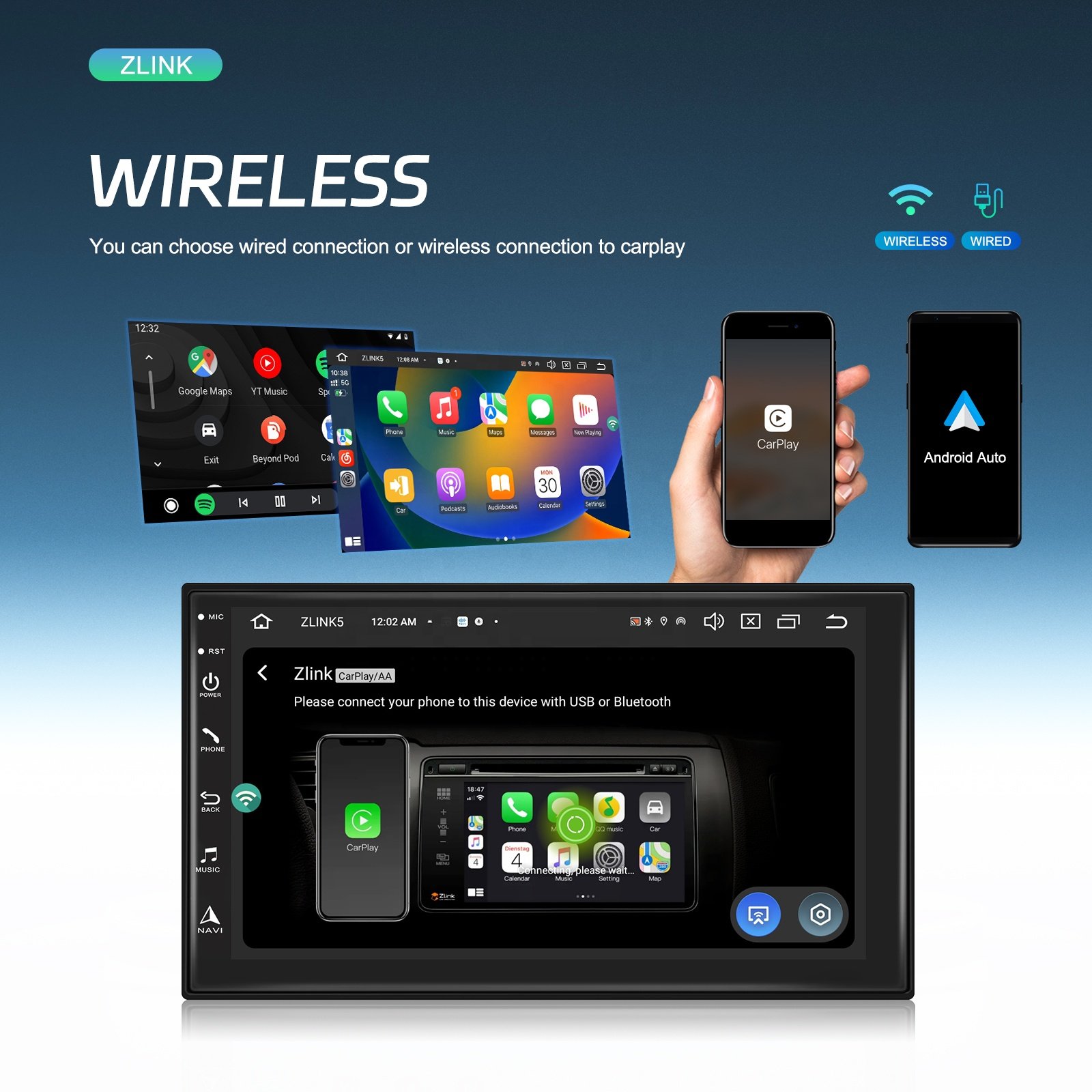 Podofo Android Car Radio Car Stereo 8 Core 2+32G 7" IPS Screen Carplay Android Auto WiFi 4G BT AI Voice DSP RDS Autoradio