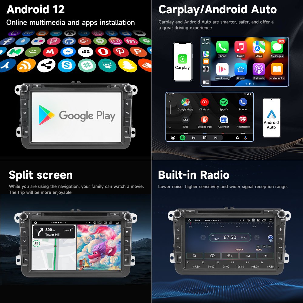 Car Audio 2 Din Car Android Stereo Car Radio Android 12 Built-In GPS WiFi For Golf Passat B6 Polo VW Skoda Octavia