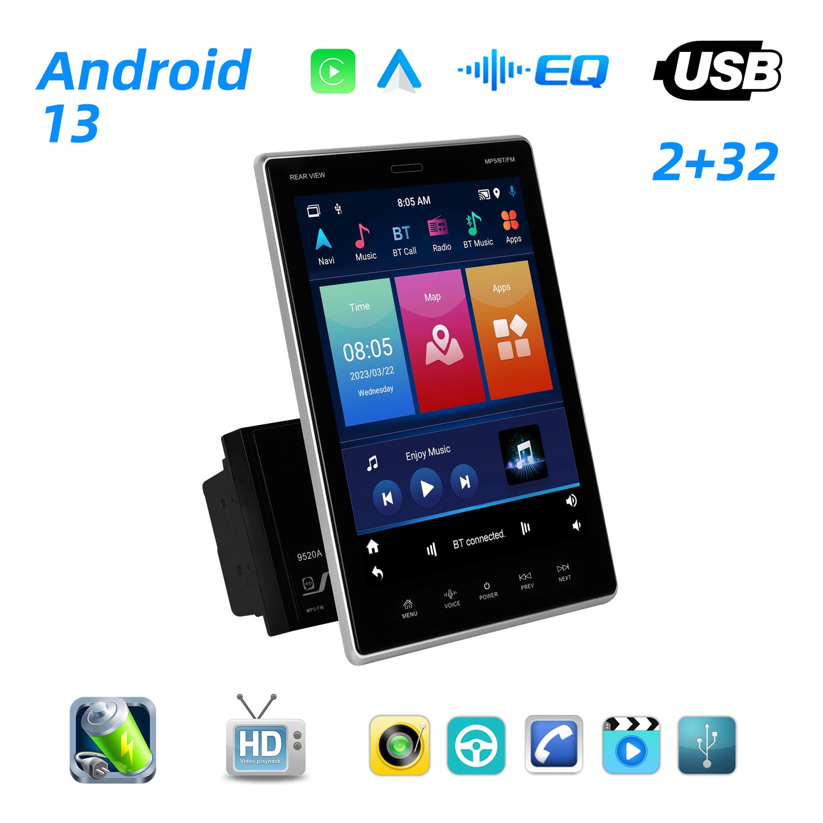 Podofo Android 13 2Din Car Stereo 9.5'' Vertical Screen Android Car Radio Carplay Android Auto For Tesla Style GPS WIFI