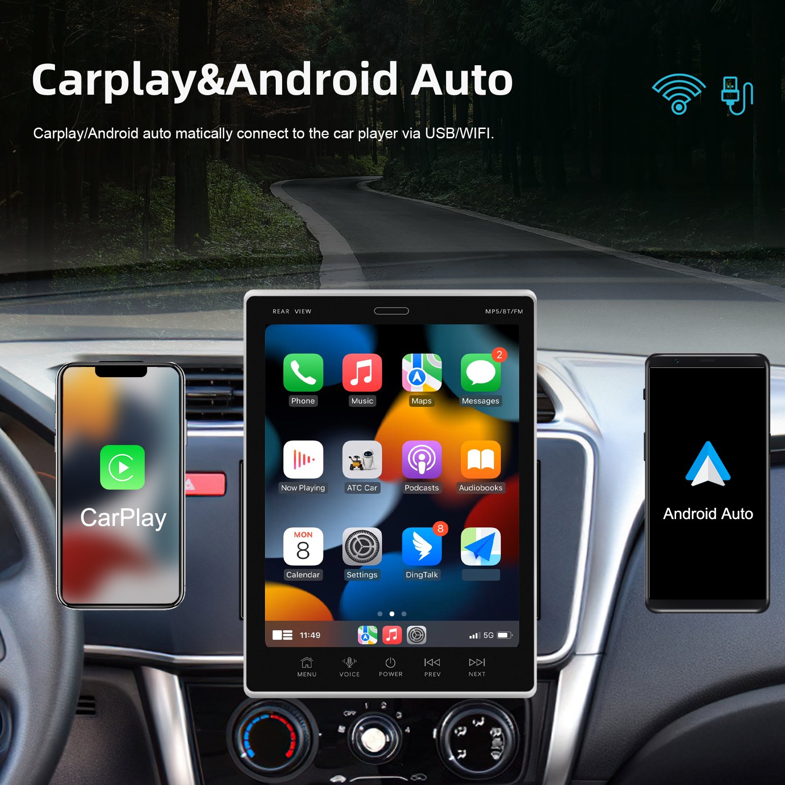 Podofo Android 13 2Din Car Stereo 9.5'' Vertical Screen Android Car Radio Carplay Android Auto For Tesla Style GPS WIFI