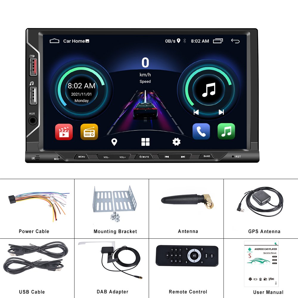 (EU Stock) Podofo Android Double Din Car Radio Stereo 7" 2.5D Touch Screen CarPlay & Android Auto GPS WIFI Hifi Audio FM RDS