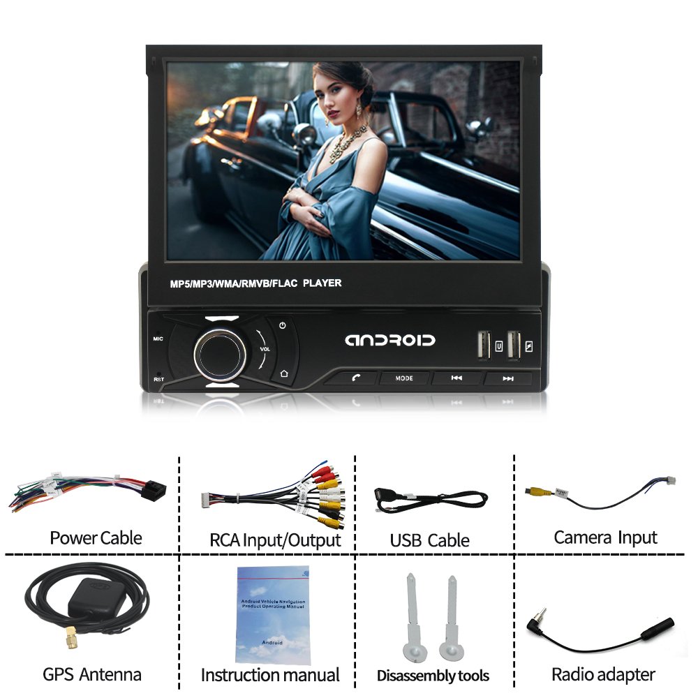 1 Din 7 inch Universal Android Car Radio Autoradio GPS Player + Retractable Screen BT USB Fast Charging SD AUX Car Audio Stereo