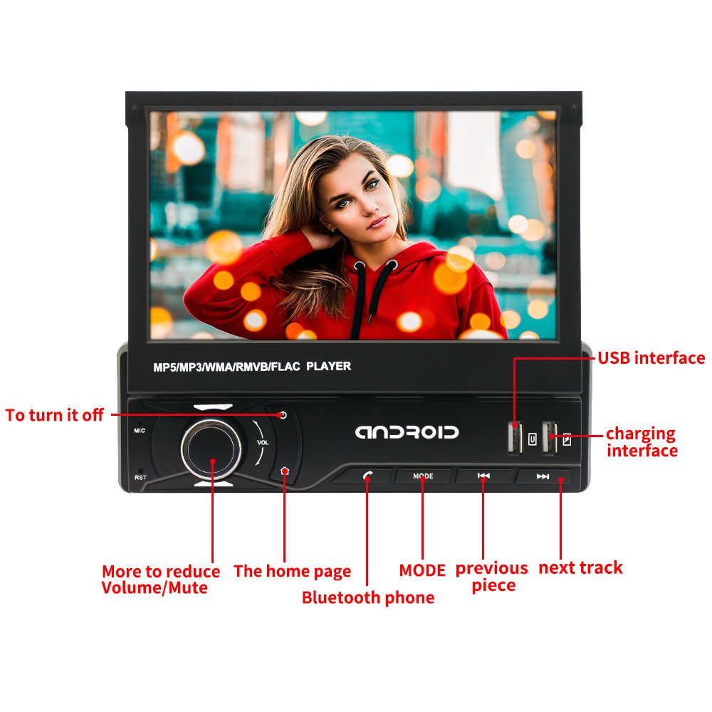 1 Din 7 inch Universal Android Car Radio Autoradio GPS Player + Retractable Screen BT USB Fast Charging SD AUX Car Audio Stereo