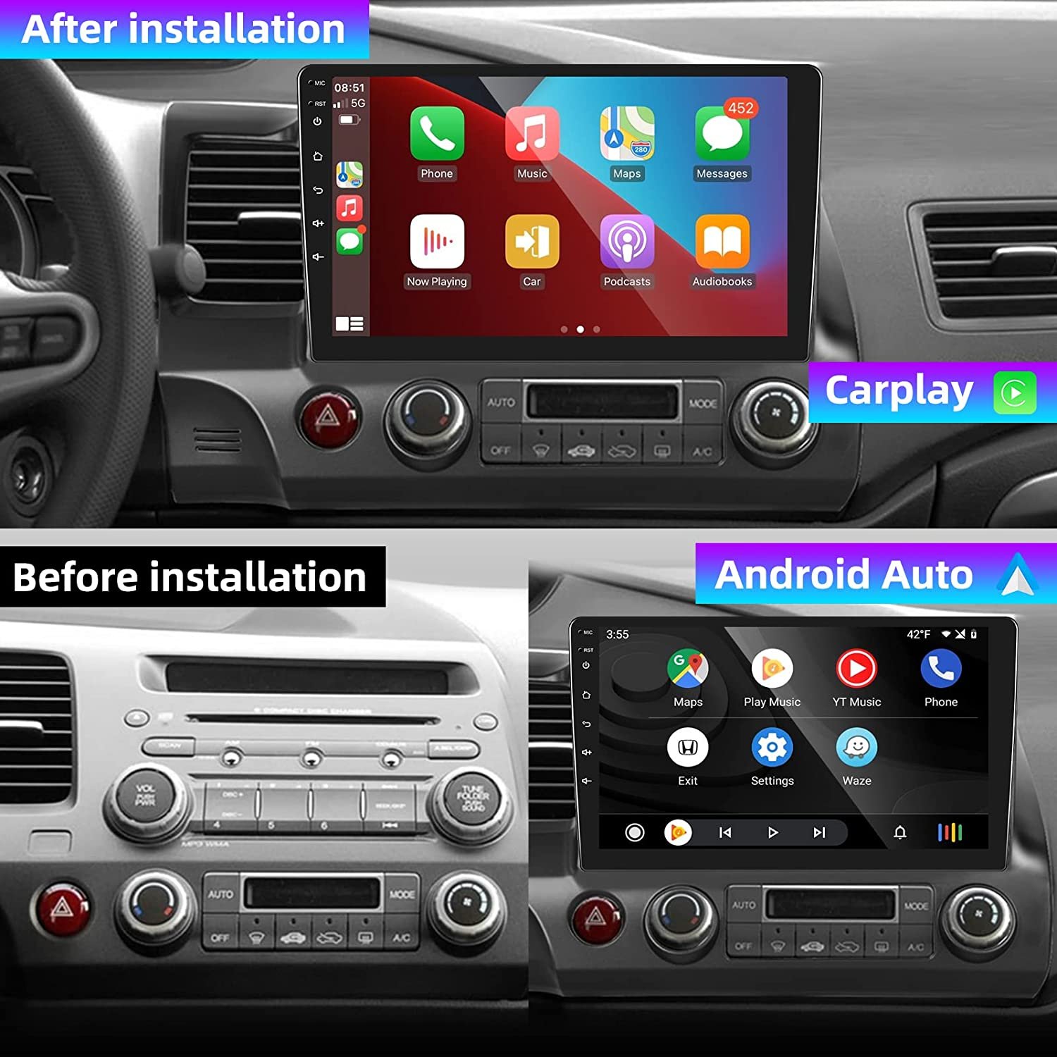 Podofo 10.1" 2 Din Android Car Stereo Radio with Carplay & Android Auto GPS Wifi BT FM RDS Hifi Audio For Honda Civic 2006-2011