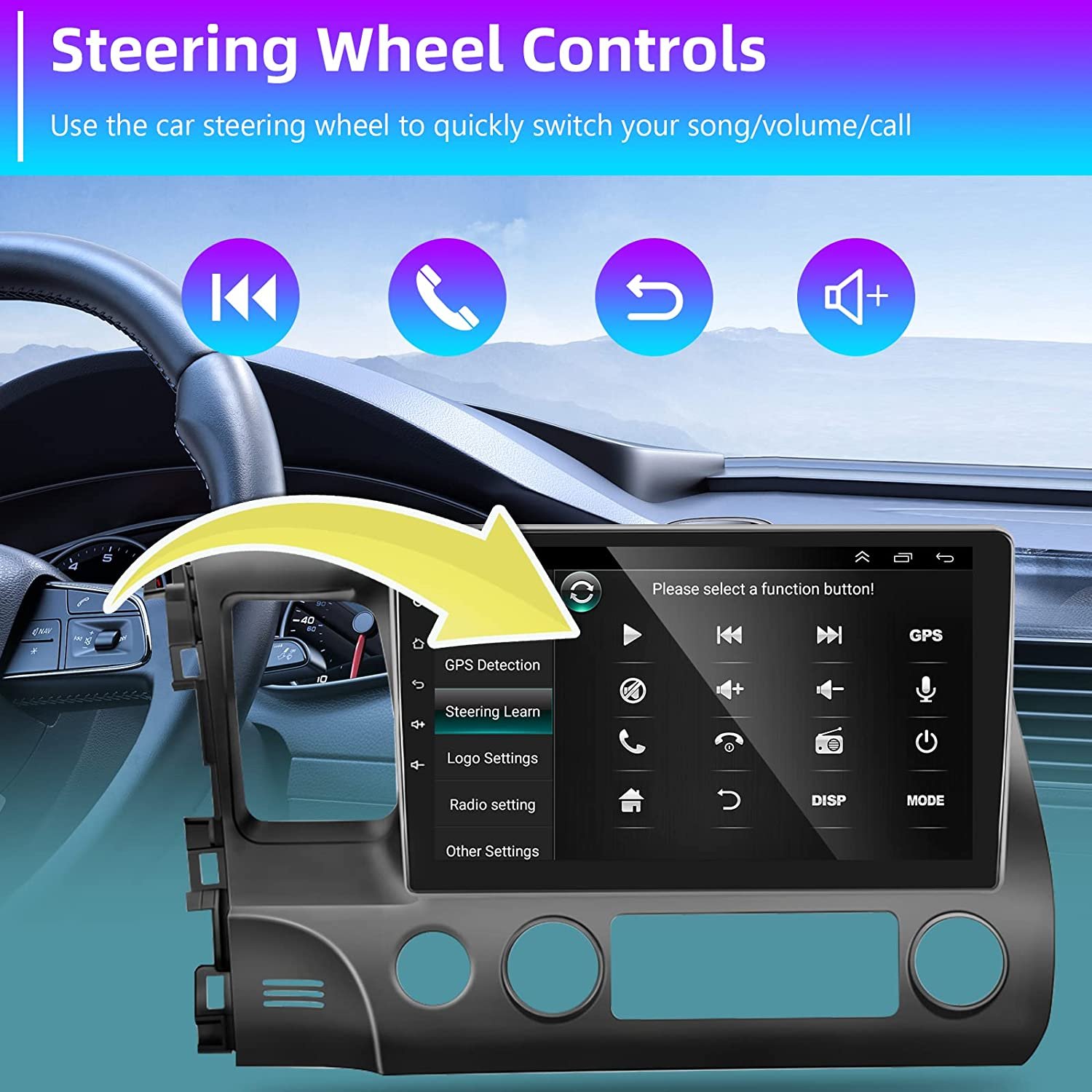 Podofo 10.1" 2 Din Android Car Stereo Radio with Carplay & Android Auto GPS Wifi BT FM RDS Hifi Audio For Honda Civic 2006-2011