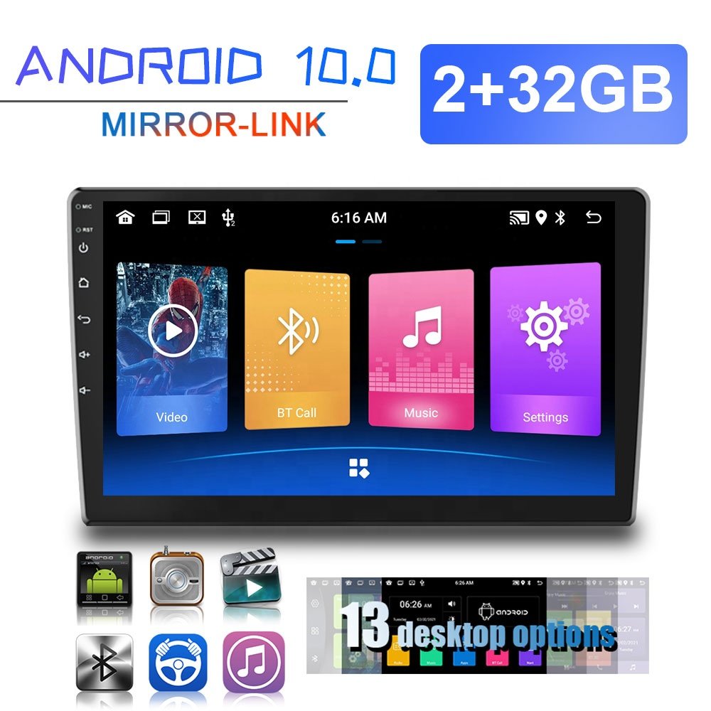 Podofo 10.1'' Universal 2 Din Car Radio 2+32G Android GPS Wifi With Full Touch Auto Video 1080p HD BT FM Car Radio Games