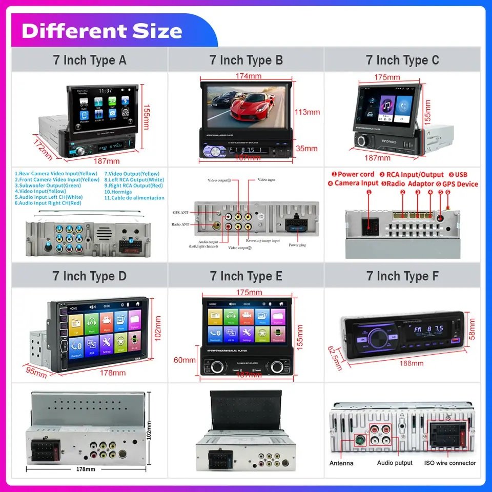 5/6.9/7/9/10/10.33 Inch 1 Din Car Radio Android Car Stereo Stretchable Touch Screen Auto Radio MP3 MP5 Multimedia DVD Player