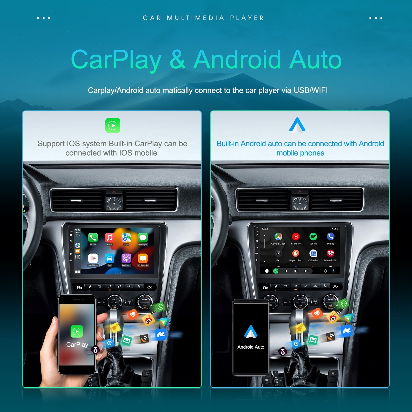 (US Stock) Podofo 9/10'' 2+32GB Android Car Stereo CarPlay Android Auto Car Radio Video Autoradio GPS WiFi BT FM RDS Wholesale