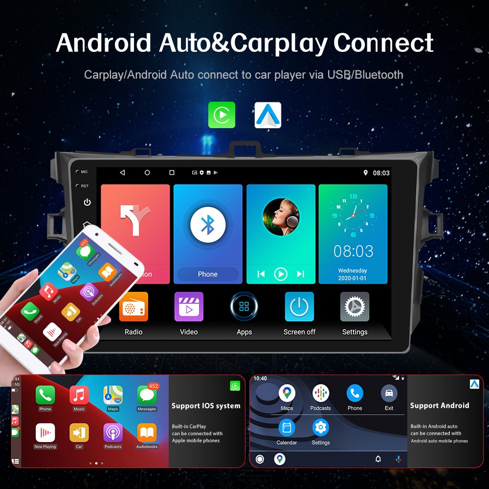 Podofo 9'' Android Car Radio Stereo 2 Din Radio Car 1+32G Carplay Android Auto WIFI GPS AHD Cam For Toyota Corolla 2006-2012