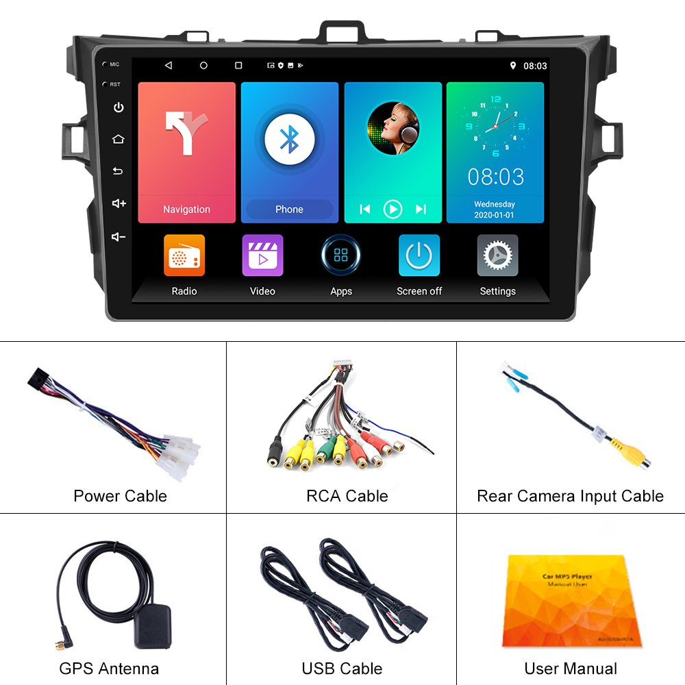 Podofo 9'' Android Car Radio Stereo 2 Din Radio Car 1+32G Carplay Android Auto WIFI GPS AHD Cam For Toyota Corolla 2006-2012