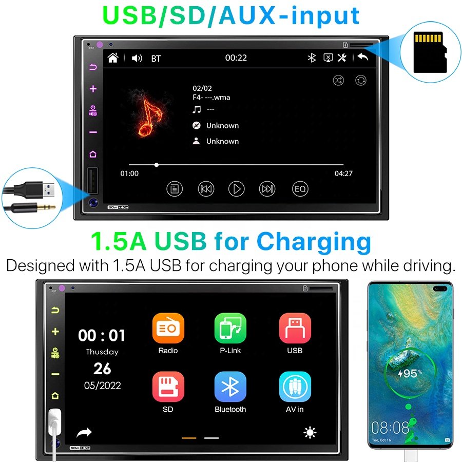 JMC Custom High Quality Car Dvd Player Universal Head Unit Double Din Car Play Android Auto Steering Wheel Control 7 Inch Touch