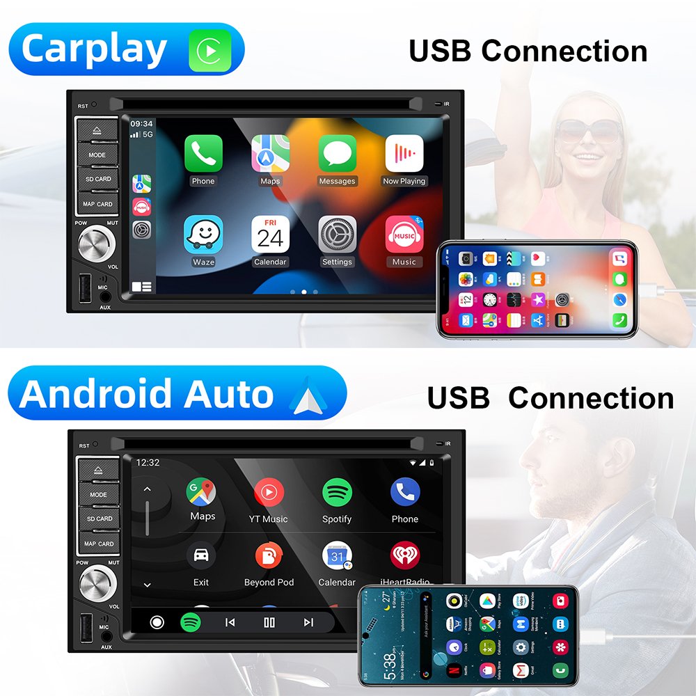 Podofo 6.2 Inch Car DVD Player Autoradio 2 DIN Carplay Android Auto GPS FM BT Touch Screen Car MP5 Player