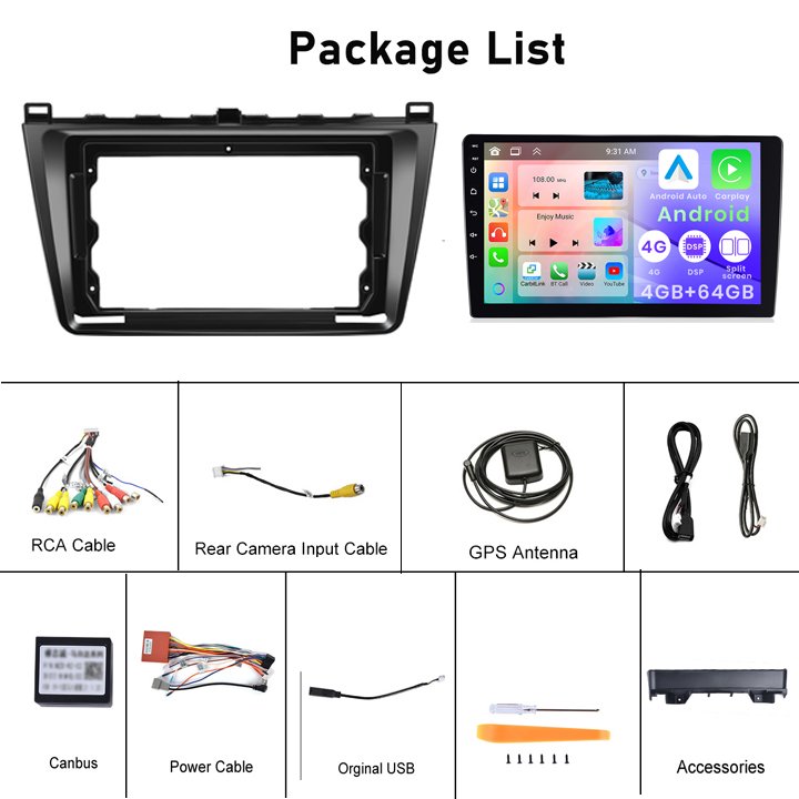Podofo 9'' Android Car Stereo Double Din 4+64G Wireless Carplay Android Auto For Mazda 6 Rui wing 2007-2012 IPS DSP GPS RDS WIFI