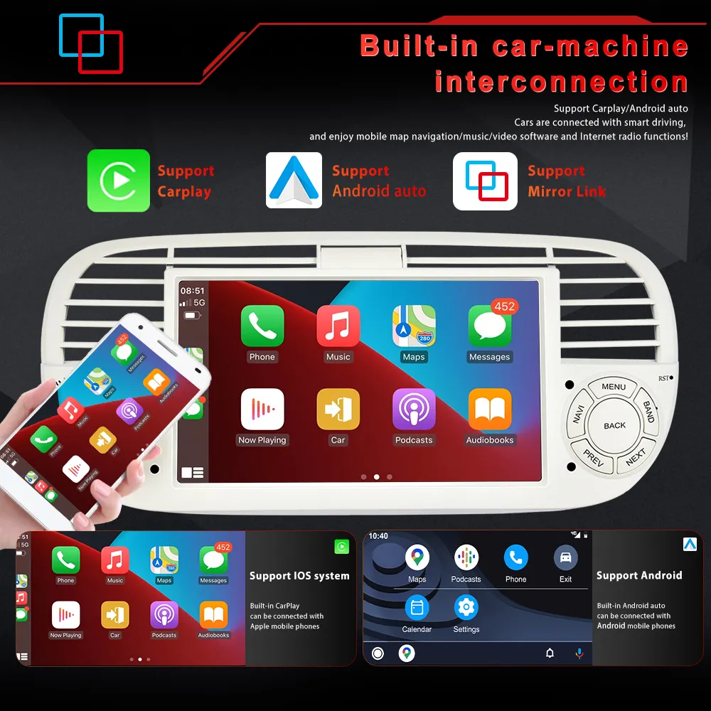 Android 7" Car DVD Player with AMOLED Screen Smart Touch Diamond Dual Din Car Stereo GPS and CarPlay for Fiat 500 2007-2015