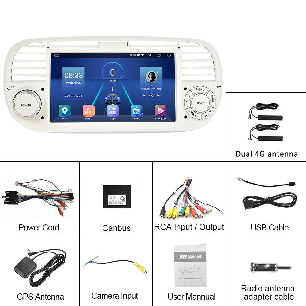 Android 7" Car DVD Player with AMOLED Screen Smart Touch Diamond Dual Din Car Stereo GPS and CarPlay for Fiat 500 2007-2015