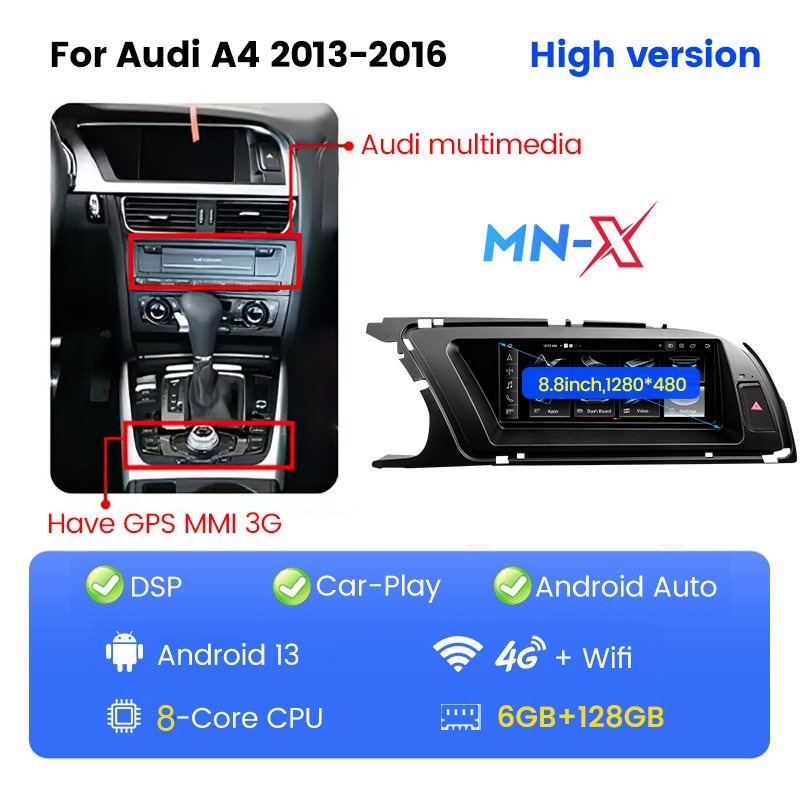 MEKEDE MNX android car radio screen dvd player support dvr dsp wifi 4g DAB OBD for 8.8inch Audi A4 2009-2016 8.8inch