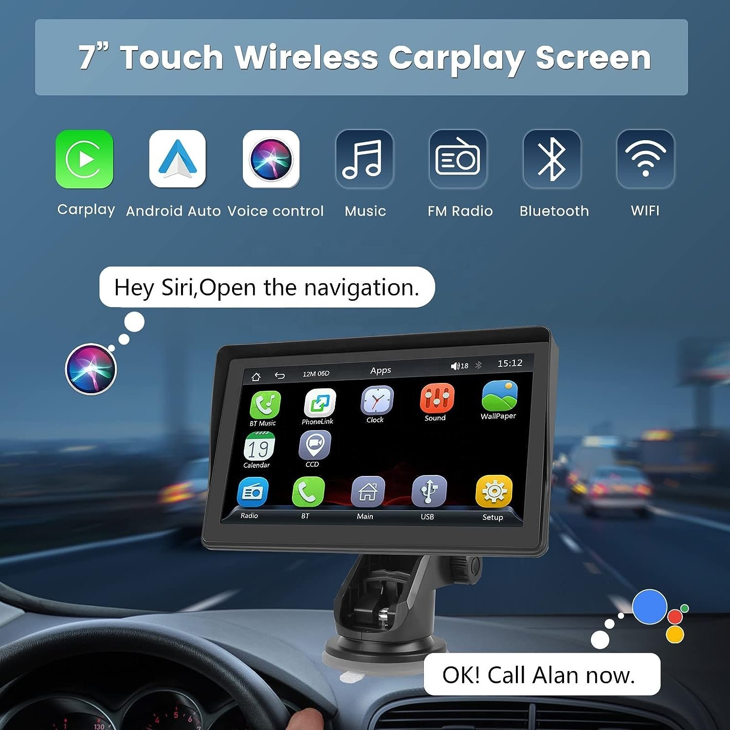 Podofo 7 Inch Touch Screen Portable Car MP5 Player Wireless Carplay Android Auto FM BT TF/USB/AUX Car Stereo Voice Control