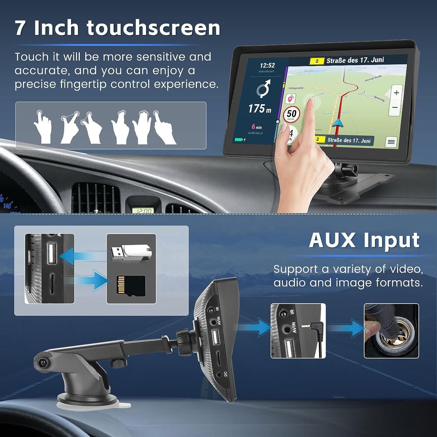 Podofo 7 Inch Touch Screen Portable Car MP5 Player Wireless Carplay Android Auto FM BT TF/USB/AUX Car Stereo Voice Control