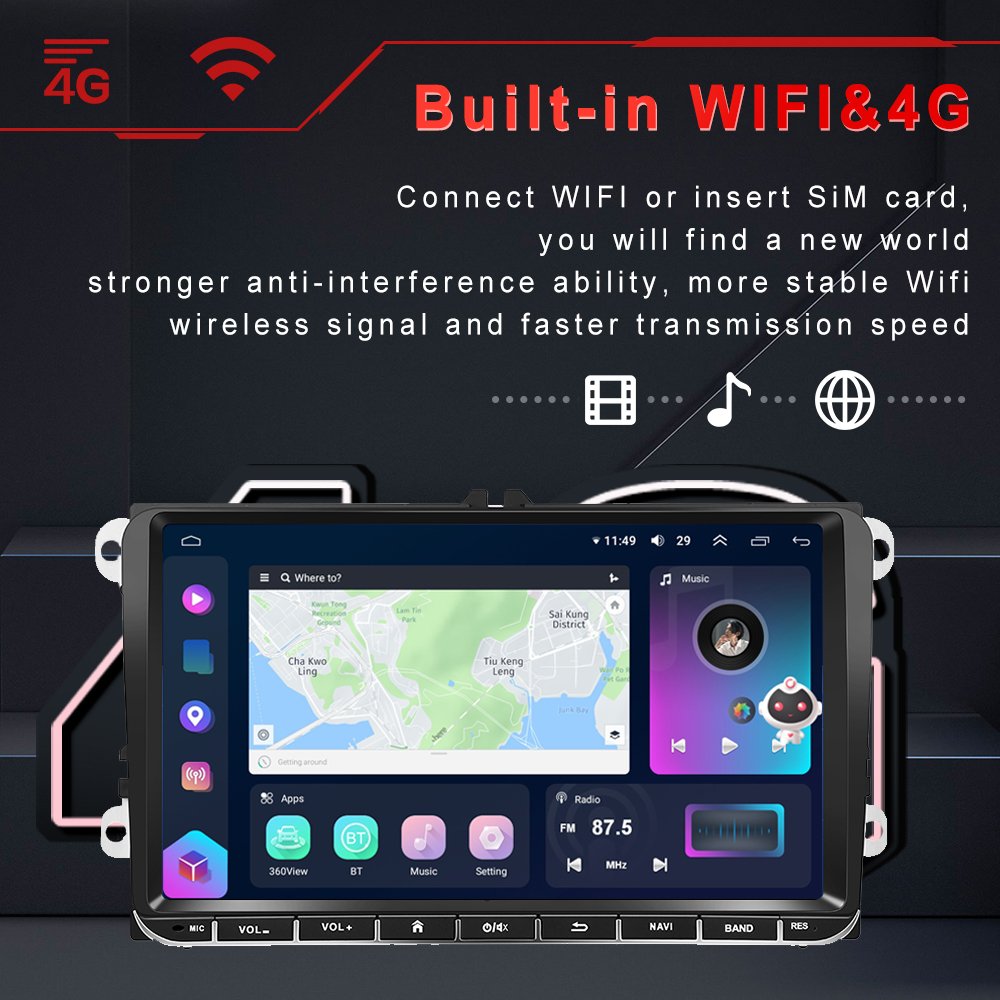 Podofo 9'' Android 13 Car Radio 8+128G Car player AI Voice QLED Screen GPS Navigation Wifi BT DSP For Volkswagen/Skoda