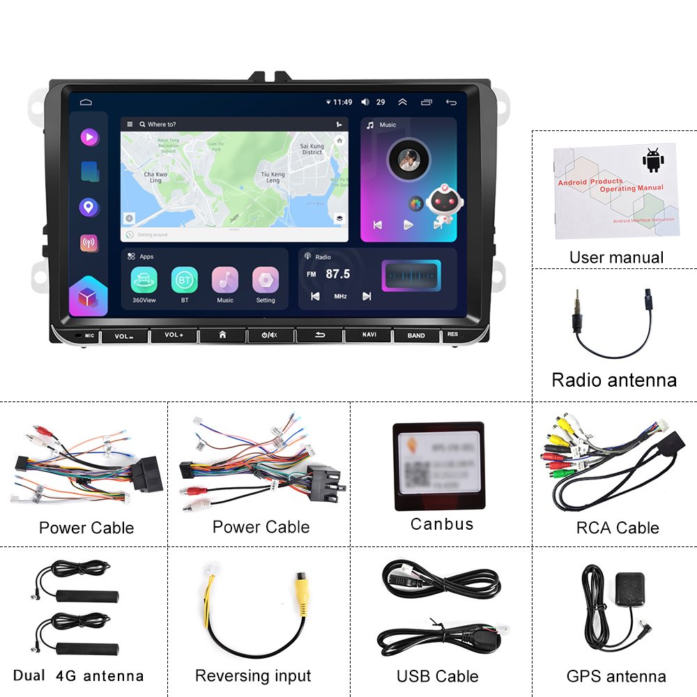 Podofo 9'' Android 13 Car Radio 8+128G Car player AI Voice QLED Screen GPS Navigation Wifi BT DSP For Volkswagen/Skoda