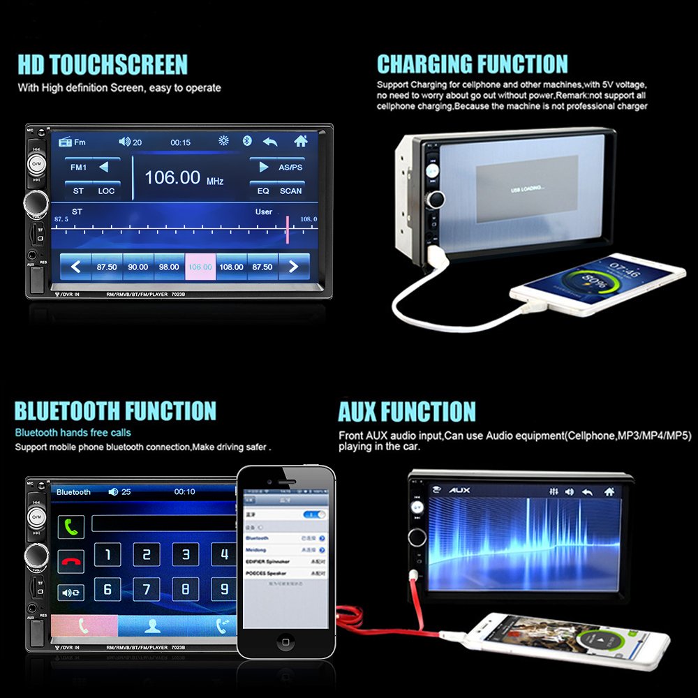 Podofo Double Din Car Stereo Car Radio Autoradio 7" Car MP5 Player Touch Screen BT Phone Link USB FM SD 7023B + 12LED Camera