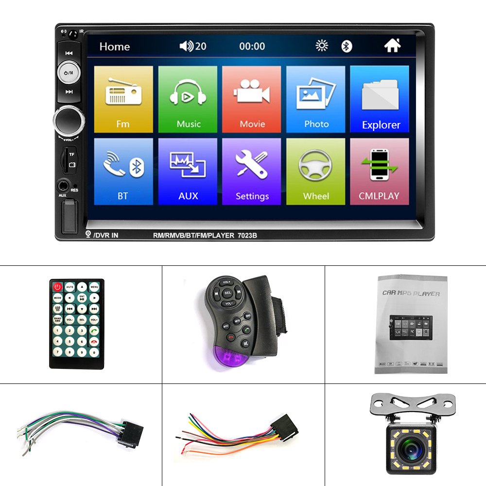 Podofo Double Din Car Stereo Car Radio Autoradio 7" Car MP5 Player Touch Screen BT Phone Link USB FM SD 7023B + 12LED Camera