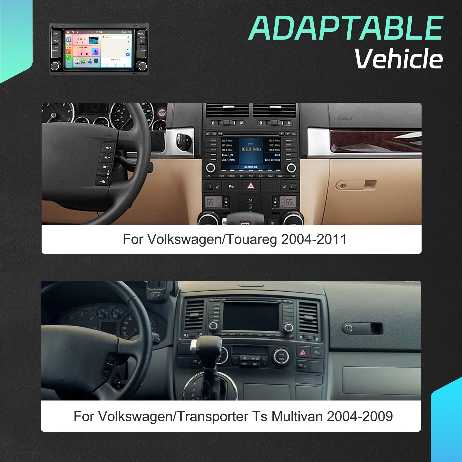 Podofo 7'' 4+64G 8 Cores Car Radio Carplay Auto GPS WIFI FM RDS Autoradio For VW Touareg/Transporter TS Multivan 2004-2009