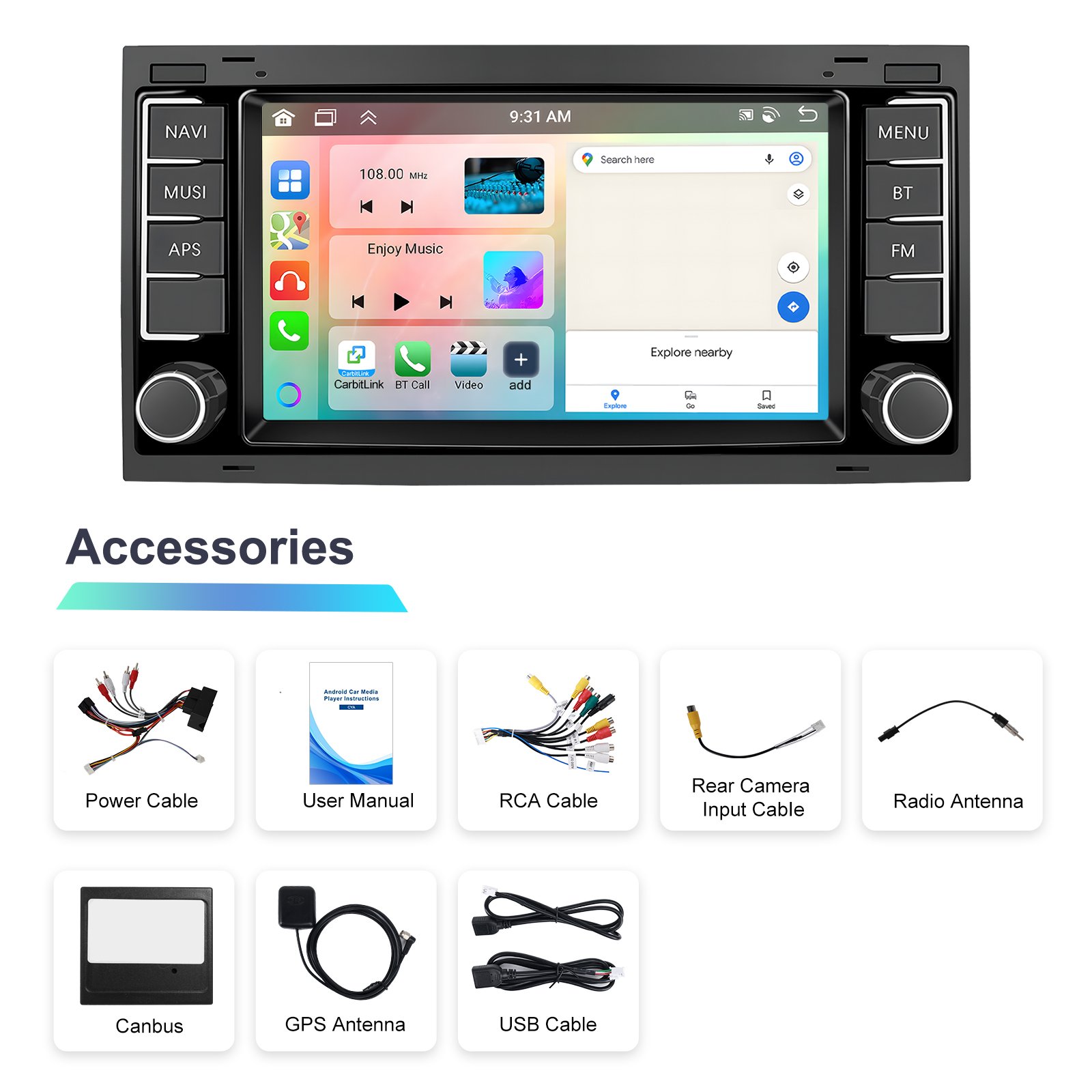 Podofo 7'' 4+64G 8 Cores Car Radio Carplay Auto GPS WIFI FM RDS Autoradio For VW Touareg/Transporter TS Multivan 2004-2009