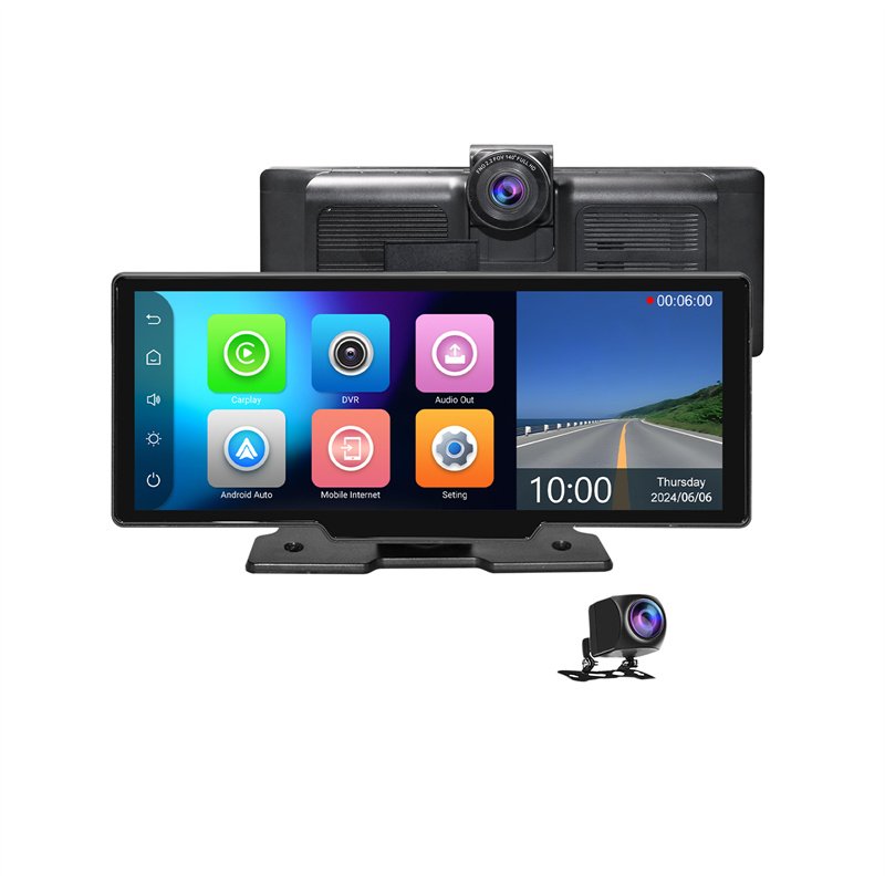2.5K 10.26" Wireless Car Play Android Auto Portable Navigation Screen With Front Rear Dual Recorder DVR Car Camera
