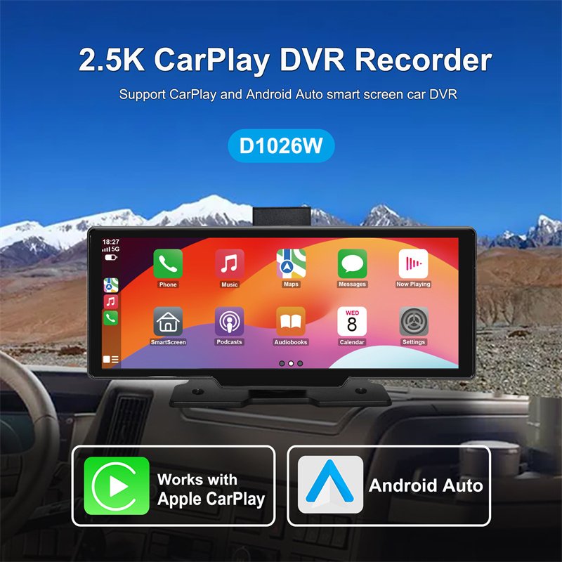 2.5K 10.26" Wireless Car Play Android Auto Portable Navigation Screen With Front Rear Dual Recorder DVR Car Camera