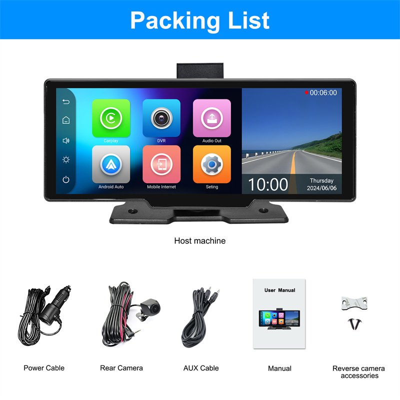 2.5K 10.26" Wireless Car Play Android Auto Portable Navigation Screen With Front Rear Dual Recorder DVR Car Camera