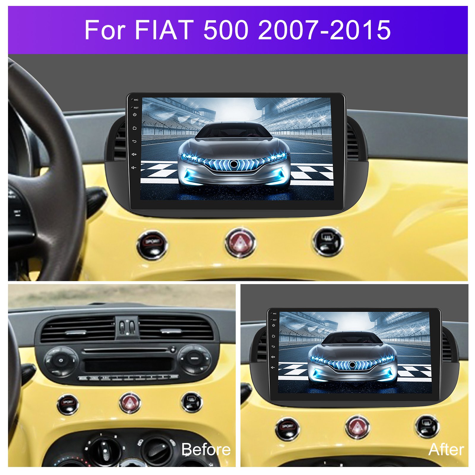 Podofo Double Din 9 Inch Android Car Radio Wireless Carplay Android Auto GPS Support AHD Camera For FIAT 500 2007-2015 OEM