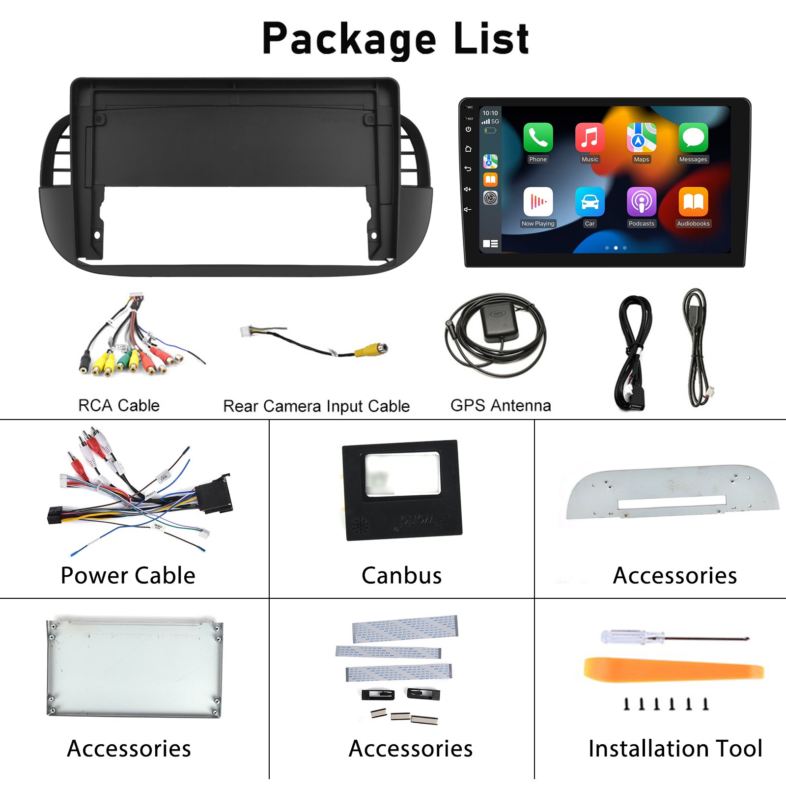 Podofo Double Din 9 Inch Android Car Radio Wireless Carplay Android Auto GPS Support AHD Camera For FIAT 500 2007-2015 OEM