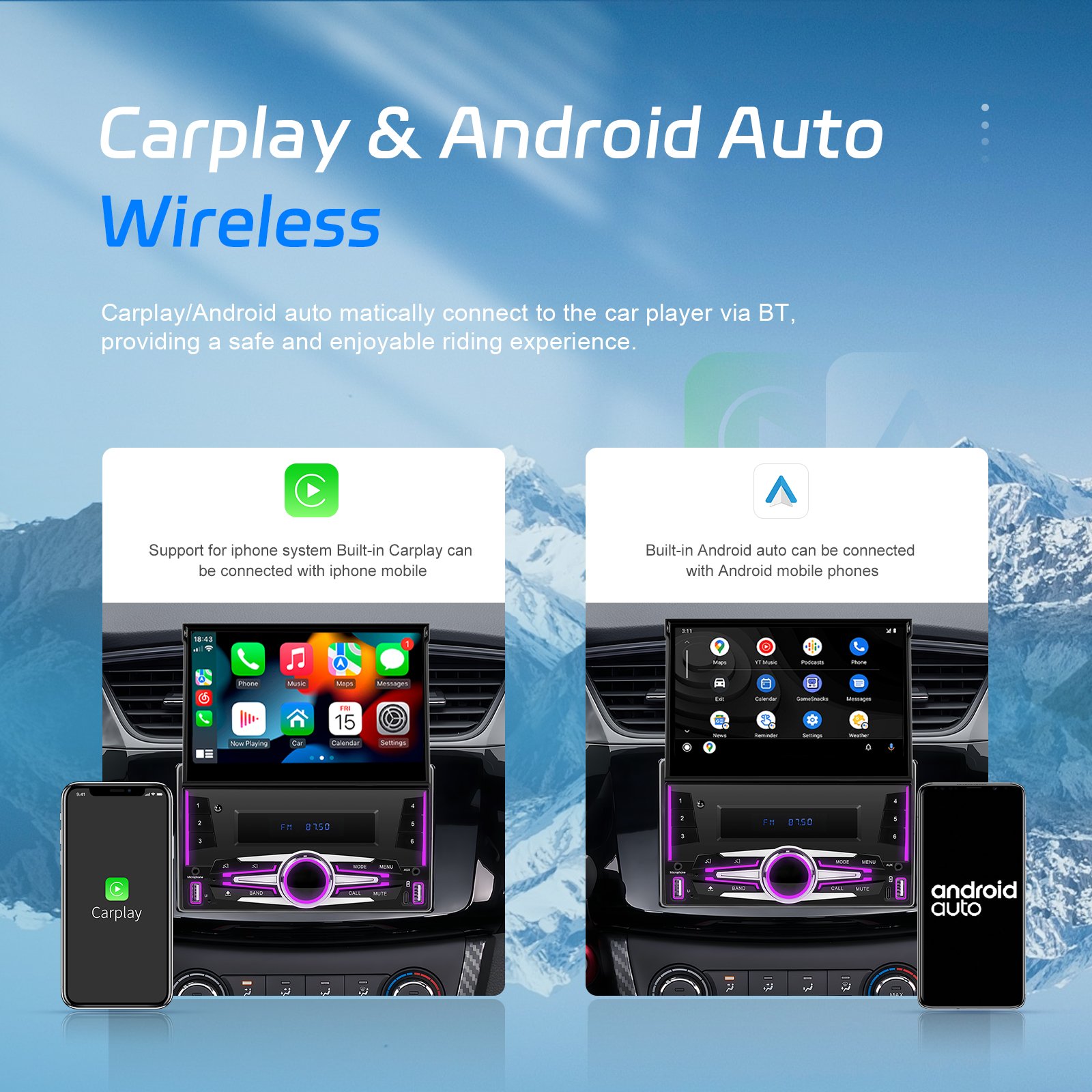 Podofo Android Car Stereo Double Din 7'' Wireless Carplay android Auto 2+64G Motorized Retractable GPS WIFI FM RDS EQ TYPE-C