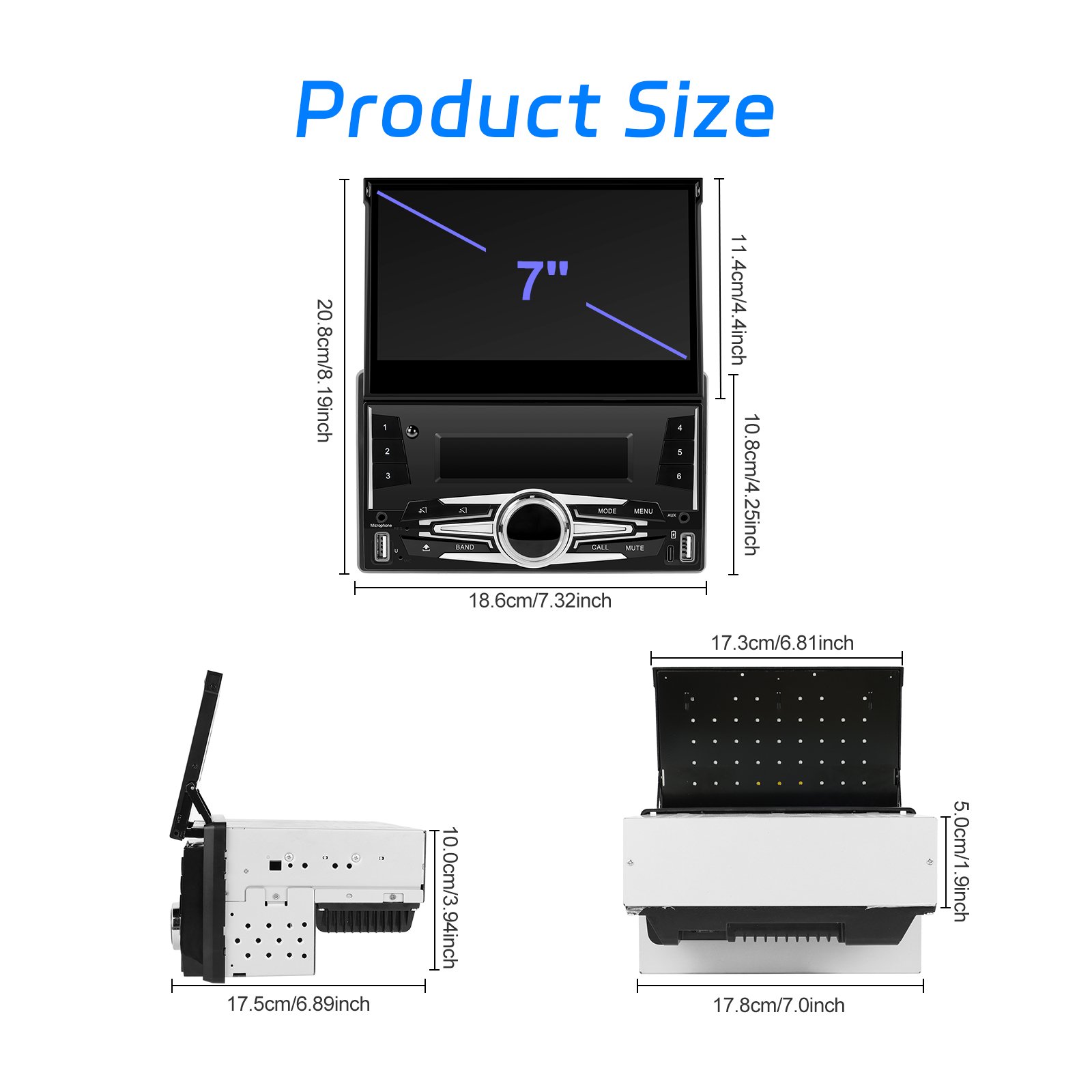 Podofo Android Car Stereo Double Din 7'' Wireless Carplay android Auto 2+64G Motorized Retractable GPS WIFI FM RDS EQ TYPE-C