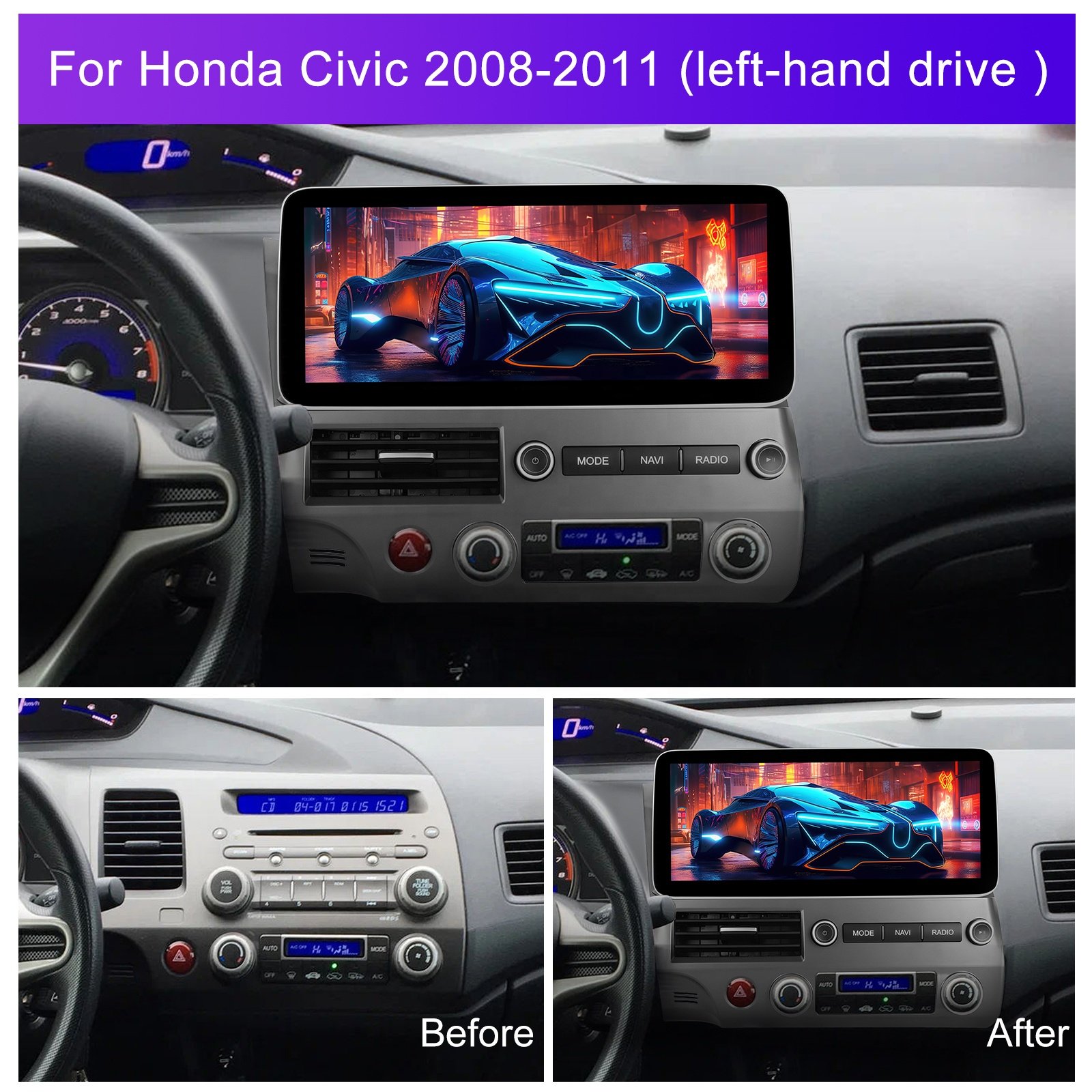Podofo Android Car Stereo 12.3" Car Radio Frame For Honda Civic 2008-2011(left-hand drive) Carplay Android Auto 4G WIFI GPS BT