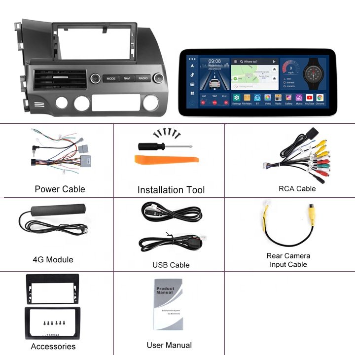Podofo Android Car Stereo 12.3" Car Radio Frame For Honda Civic 2008-2011(left-hand drive) Carplay Android Auto 4G WIFI GPS BT