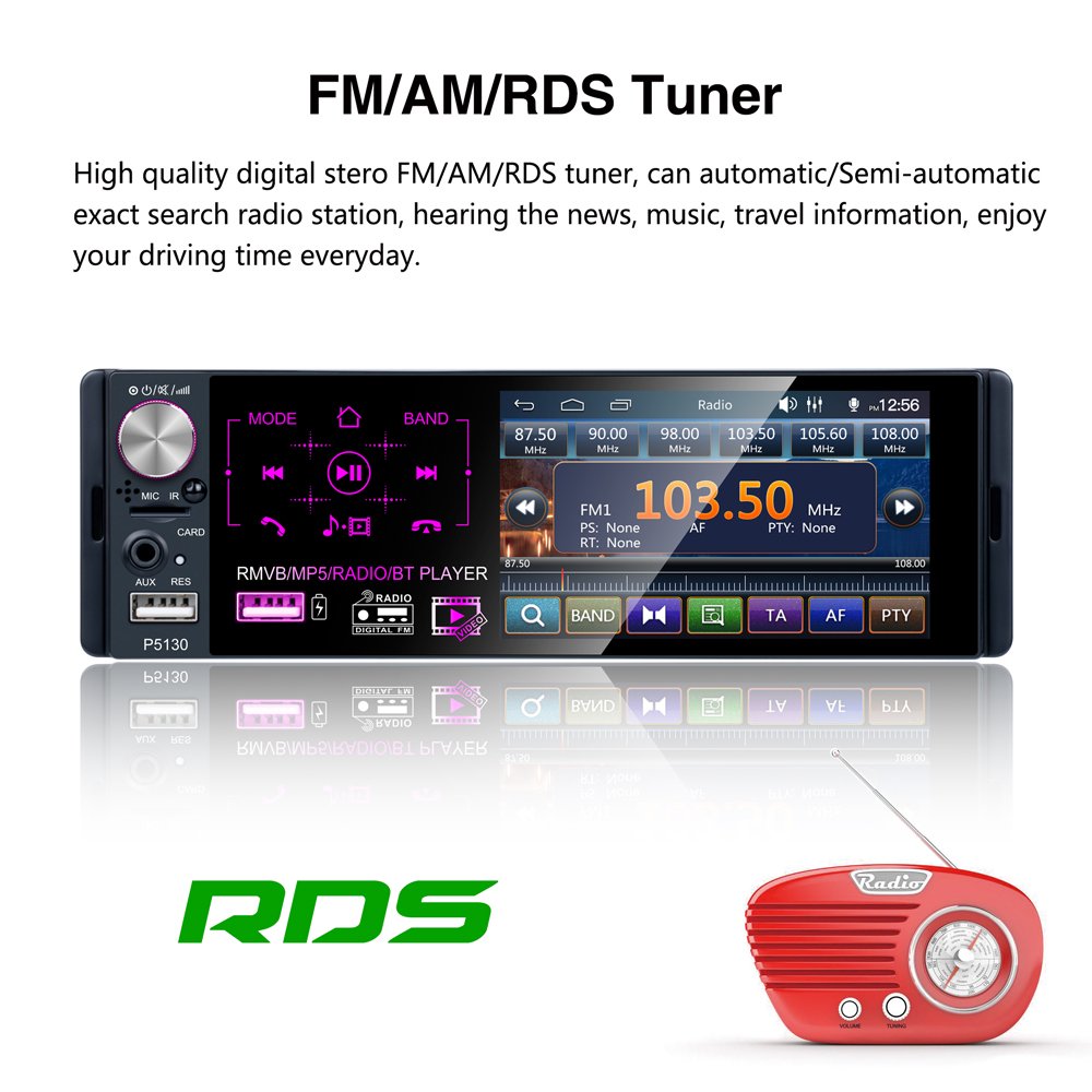 Podofo Car Stereo 1 Din Autoradio Car Radio 4.1" Capacitive Touch Screen Video RDS/FM/AM BT With Rear Camera + Microphone