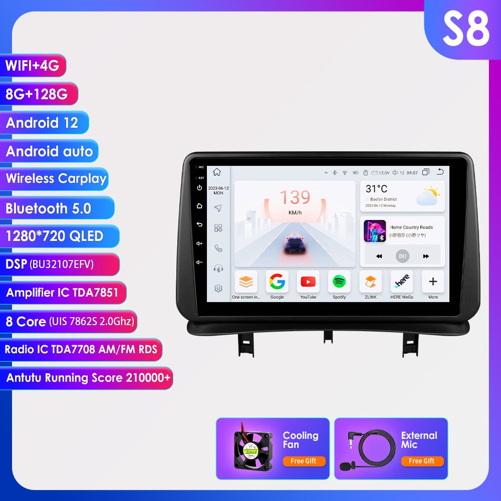 9 Inch Android 12 Car Dvd Player 2014 with Apple Car Play with Navigation & Gps 4g for Renault Clio 3 2005 DC 12V 50W Android