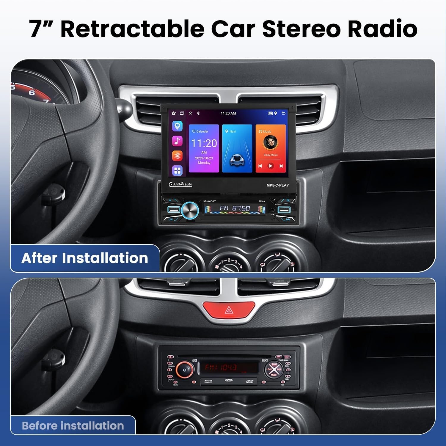 Podofo 7" 1 Din Android Car Radio 2+64G Motorized Retractable Touch Screen Wireless Carplay GPS Wifi Car Stereo Autoradio