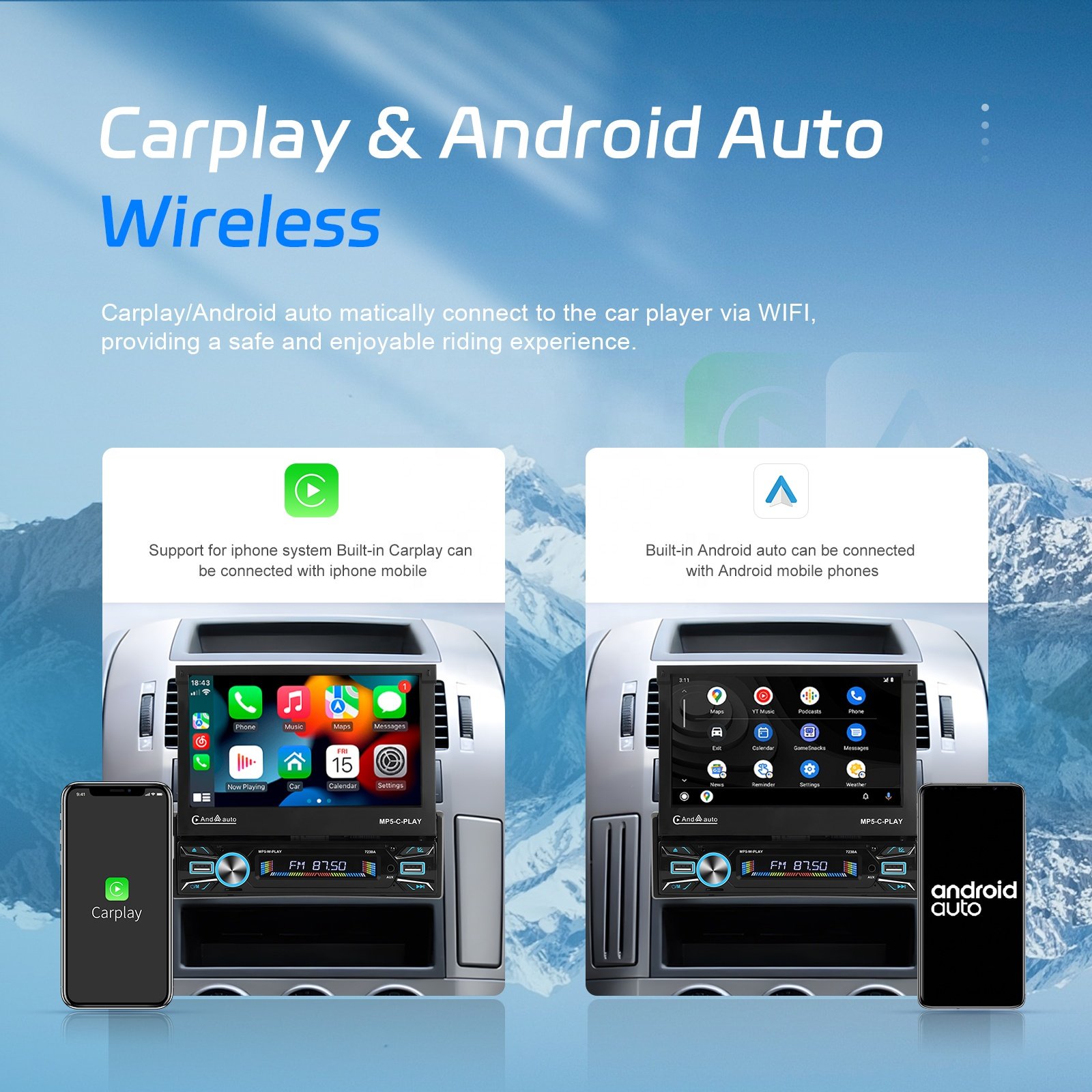Podofo 7" 1 Din Android Car Radio 2+64G Motorized Retractable Touch Screen Wireless Carplay GPS Wifi Car Stereo Autoradio