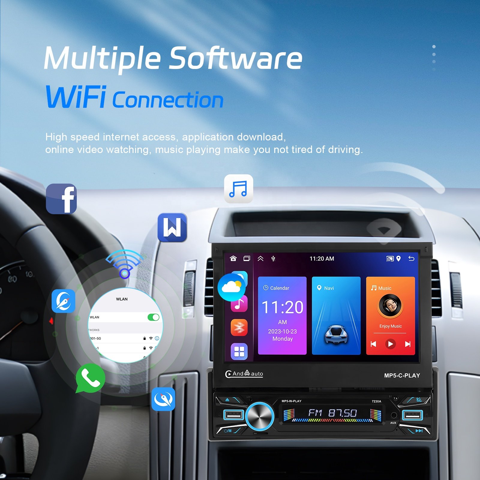 Podofo 7" 1 Din Android Car Radio 2+64G Motorized Retractable Touch Screen Wireless Carplay GPS Wifi Car Stereo Autoradio
