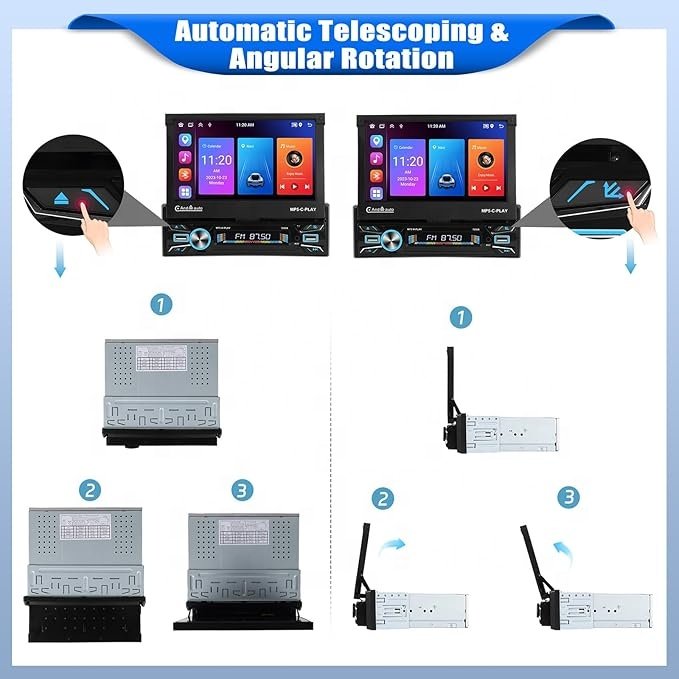 Podofo 7" 1 Din Android Car Radio 2+64G Motorized Retractable Touch Screen Wireless Carplay GPS Wifi Car Stereo Autoradio