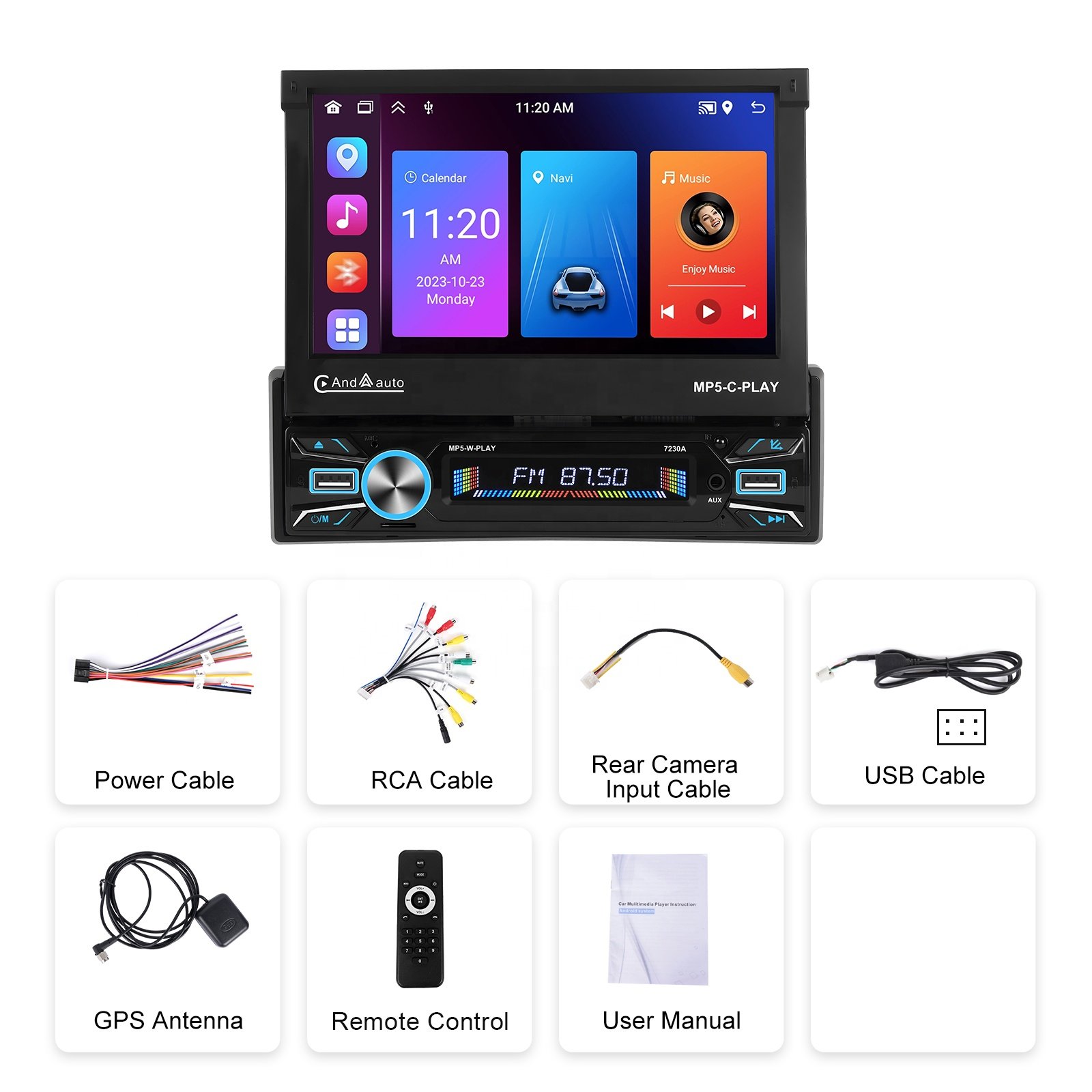 Podofo 7" 1 Din Android Car Radio 2+64G Motorized Retractable Touch Screen Wireless Carplay GPS Wifi Car Stereo Autoradio