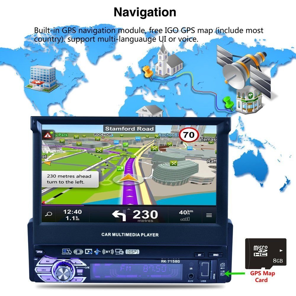 Podofo 1 Din Autoradio Car Radio Player 7" Retractable HD Touch Screen with GPS Navigation/AUX-IN MP3/FM/USB