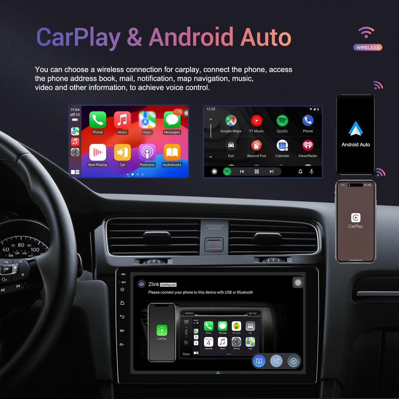 Qualcomm 7''/9"/10" Qcta Core 4+64GB Car Stereo Android Car Radio CarPlay/Android Auto/4G/WiFi/GPS/DSP/QLED Touch Screen OEM